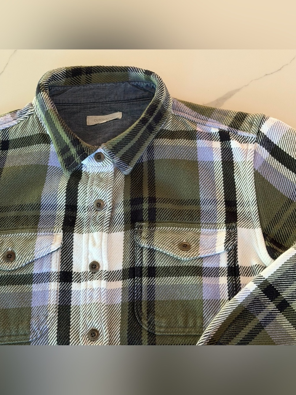 Outerknown Olive, Lavender & White Plaid Button-Up Blanket Shirt size mens M